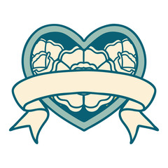 tattoo style icon of a heart and banner with flowers
