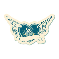 distressed sticker tattoo style icon of a flying heart with flowers and banner