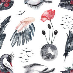 Seamless pattern with watercolor eyes and swans, feathers and birds, red flowers. Watercolor mystical gothic background