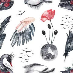Fotobehang Gotisch Naadloze patroon met aquarel ogen en zwanen, veren en vogels, rode bloemen. Aquarel mystieke gotische achtergrond
