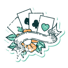 distressed sticker tattoo style icon of cards and banner