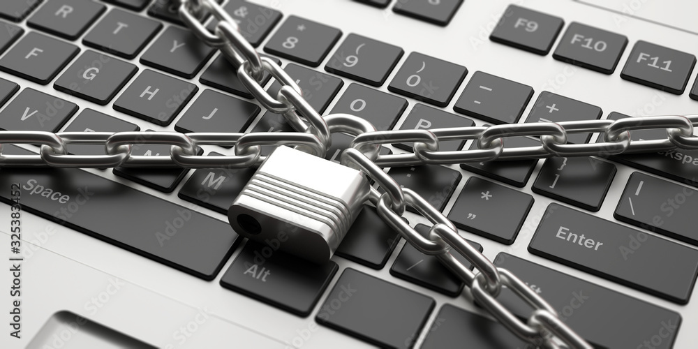 Poster padlock and chains on a computer keyboard background. 3d illustration