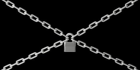 Padlock closed on four chains isolated against black background. 3d illustration