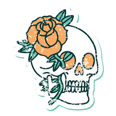 distressed sticker tattoo style icon of a skull and rose
