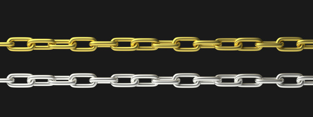 Chains gold and silver isolated cutout against black background. 3d illustration