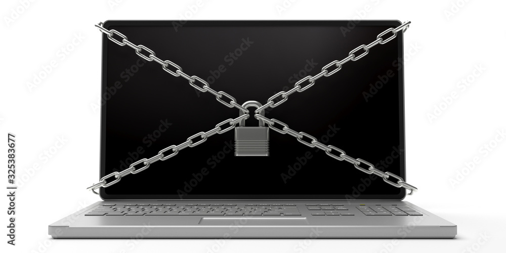 Poster padlock and chains on a computer keyboard, isolated on white. 3d illustration