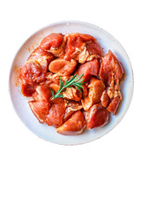 raw meat pork or beef in a plate on the table (preparing healthy food, marinade and spices paprika) menu concept background. top view. copy space
