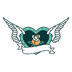 Fototapeta premium tattoo style icon of a flying heart with flowers and banner