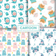Hand drawn cute cartoon seamless pattern vector set.