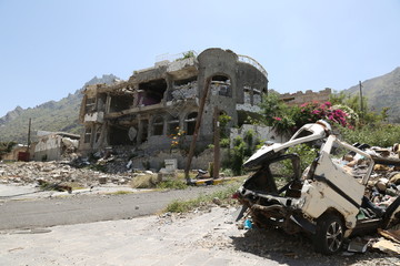 A house completely destroyed by war and fierce fighting in the city of Taiz, Yemen