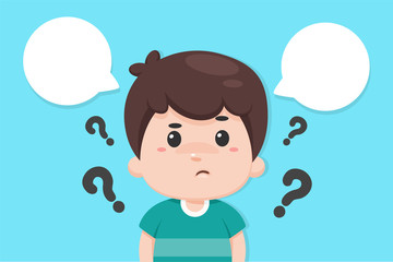 Vector cartoon boy with question marks all around deciding to make something