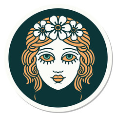 tattoo style sticker of female face with crown of flowers