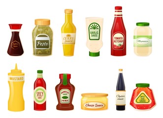 Sauce bottles isolated on white, ketchup, mustard and mayonnaise set, vector illustration. Different sauces, condiments and dressings for culinary cooking. Isolated bottles with labels, product pack