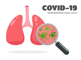 covid-19 or corona virus. Vector magnifier that examines the corona virus in the lungs of patients.