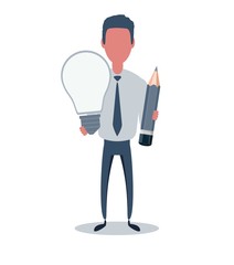 Businessman or clerk. Male character in trendy simple style with objects, flat vector illustration. Business concept. Isolated on white background.