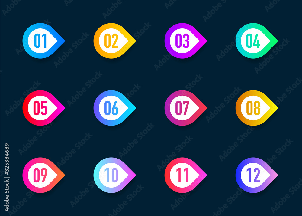 Poster collection arrows bullet point triangle flags isolated on dark blue background. colorful gradient ma