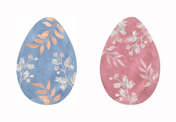Watercolor isolated eggs hand painted with flowers for Easter