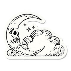 traditional distressed sticker tattoo of a skull crescent moon and clouds