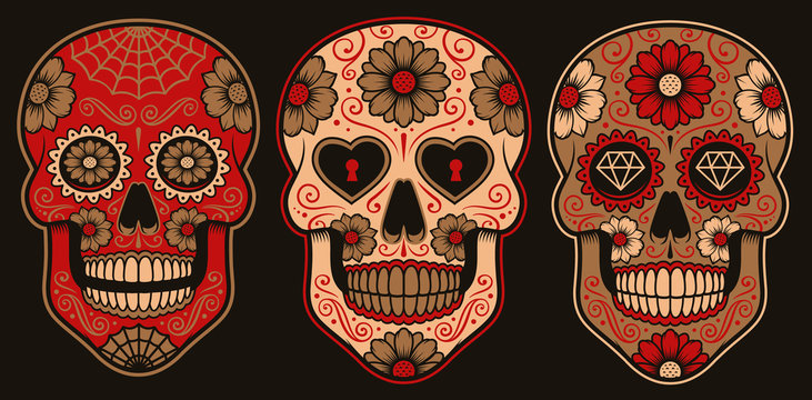 Set of vector Mexican sugar skulls
