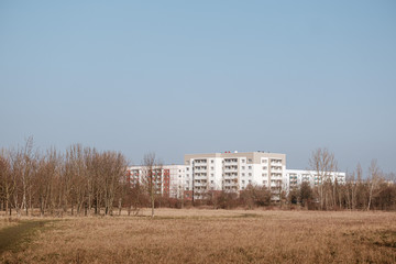 Fototapeta na wymiar Apartment blocks with forest in the foreground and blue sky