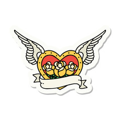 tattoo style sticker of a flying heart with flowers and banner