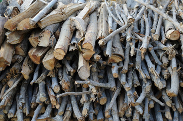the stock of firewood. Selective focus