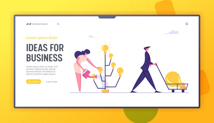 Invention Project Website Landing Page. Businesswoman Inventor Grow Idea Tree with Glow Light Bulbs. Happy Business Man Pushing Cart with Huge Lamp, Web Page Banner. Cartoon Flat Vector Illustration