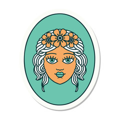 tattoo style sticker of a maiden with crown of flowers