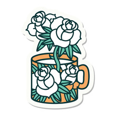 tattoo style sticker of a cup and flowers