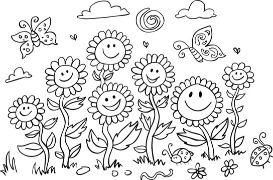 Vector black and white cartoon sunflowers illustration. Suitable for greeting cards, colouring activity and wall murals.