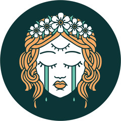 tattoo style icon of female face crying with third eye