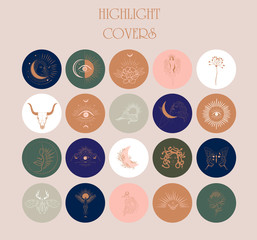 Collection of Abstract various vector highlight covers with astrology objects, fantasy animals, mythical creature, esoteric and boho objects,  for social media stories. Editable vector illustration