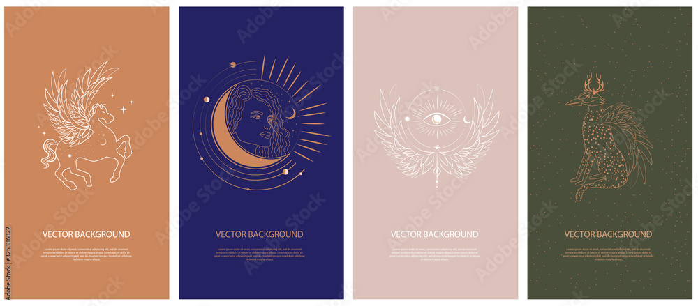 Wall mural set of mythology and mystical illustrations for mobile app, landing page, web design in hand drawn s