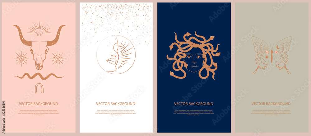 Wall mural set of mythology and mystical illustrations for mobile app, landing page, web design in hand drawn s