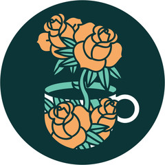 tattoo style icon of a cup and flowers