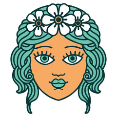 tattoo style icon of female face with crown of flowers