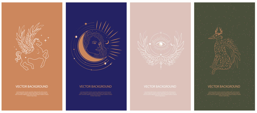 Set of mythology and mystical illustrations for Mobile App, Landing page, Web design in hand drawn style. Mythical creature, esoteric and boho minimalistic objects one line style. Vector illustration