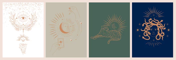 Tuinposter Collection of mythology and mystical illustrations in hand drawn style. fantasy animals, mythical creature, esoteric and boho objects, woman and moon, snake and evil eye. Vector Illustration © miobuono