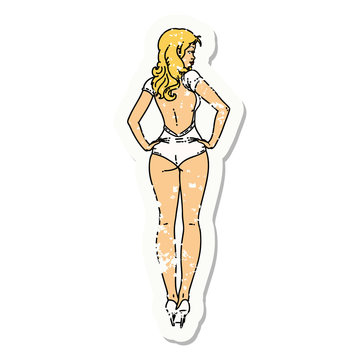 distressed sticker tattoo of a pinup swimsuit girl
