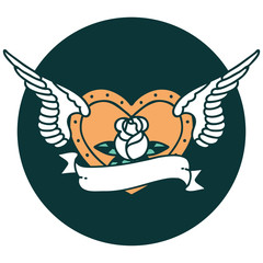 tattoo style icon of a flying heart with flowers and banner