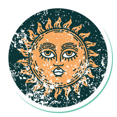 distressed sticker tattoo style icon of a sun with face