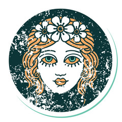 distressed sticker tattoo style icon of female face with crown of flowers