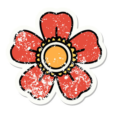 Traditional Distressed Sticker Tattoo Of A Flower