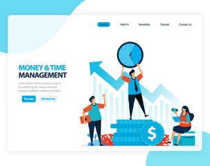 Vector illustration of time and money management. Organize and plan financial funds for the future. Flat cartoon for landing page, template, ui ux, web, website, mobile app, banner, flyer, brochure