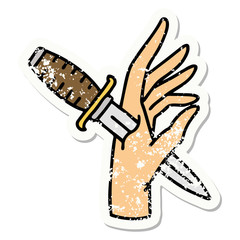 traditional distressed sticker tattoo of a dagger in the hand