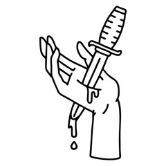 black line tattoo of a dagger in the hand