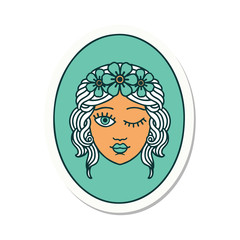 tattoo style sticker of a maiden with crown of flowers winking