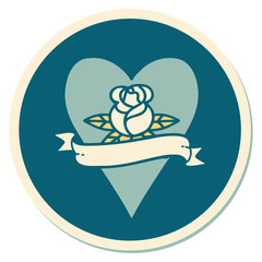 tattoo style sticker of a heart rose and banner