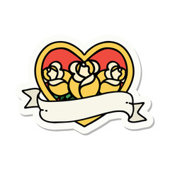 tattoo style sticker of a heart and banner with flowers