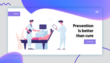 Medical Check Up, Diagnostic and Health Care Website Landing Page. Doctors Scanning Patient on Ultrasound Machine in Hospital with Computer Device Web Page Banner. Cartoon Flat Vector Illustration